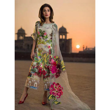 Lawn 3-Pcs Printed Plus Heavy Embroidered With Organza Dupatta Zab759
